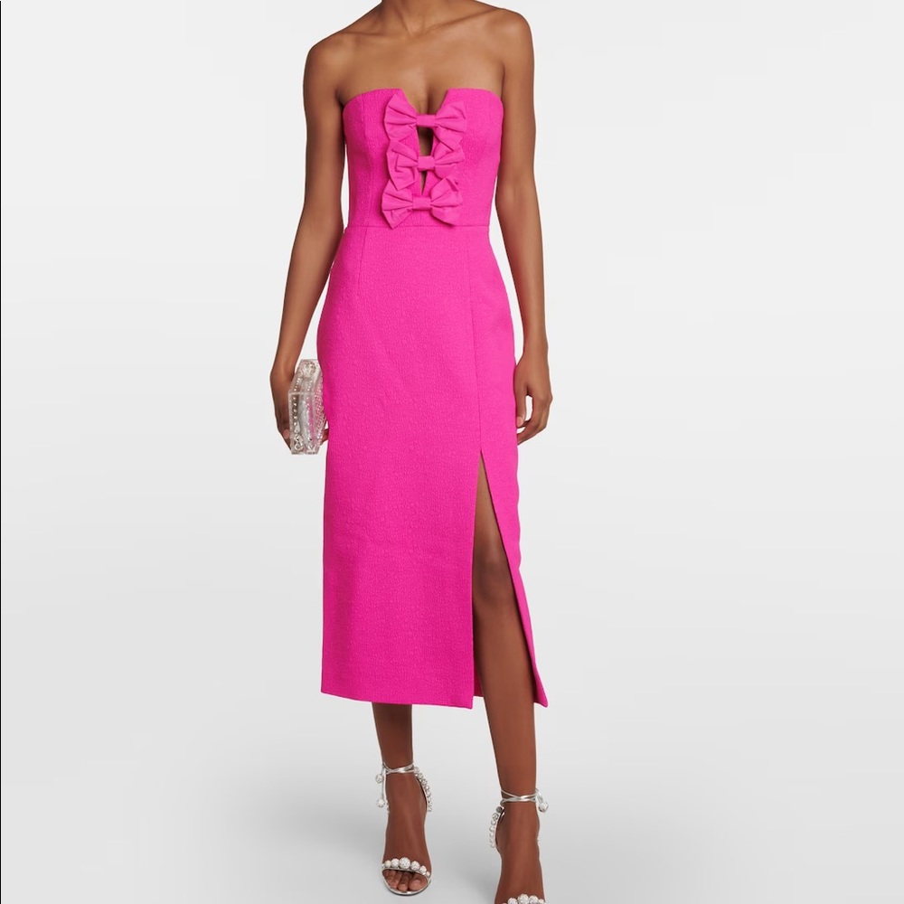 Rebecca Vallance pink bow strapless midi dress